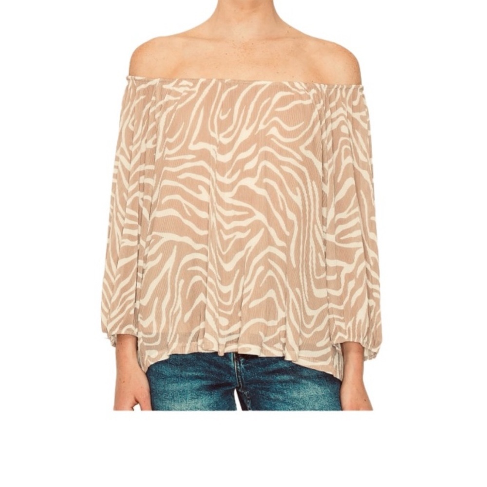 •W5• Tan/Cream Zebra Pattern On/Off Shoulder Blouse - Size XL - Picture 3 of 8